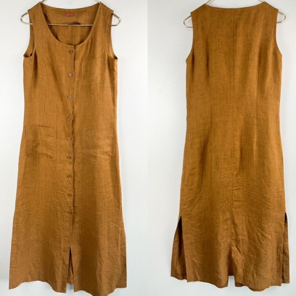 Cyrillus 100%Linen Minimalist Front Button Midi Dress Resort Preppy Camel Flare